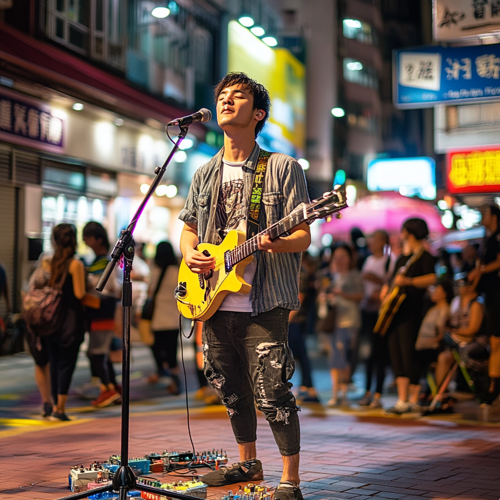 Young man and band performing at street event.