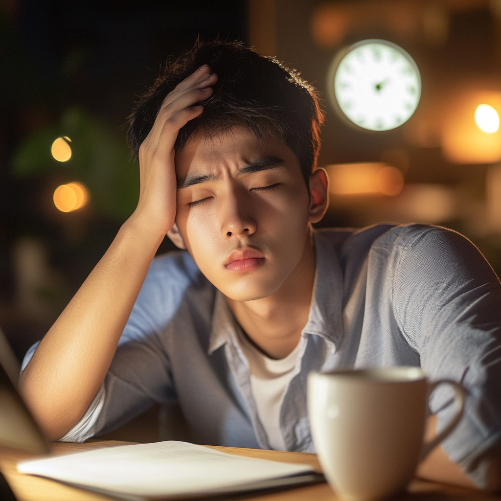 Young man at desk, tired and confused, struggling mentally.