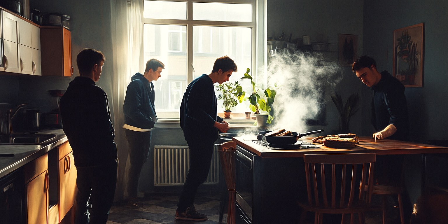 Young man burns sandwiches, awkward situation in kitchen.