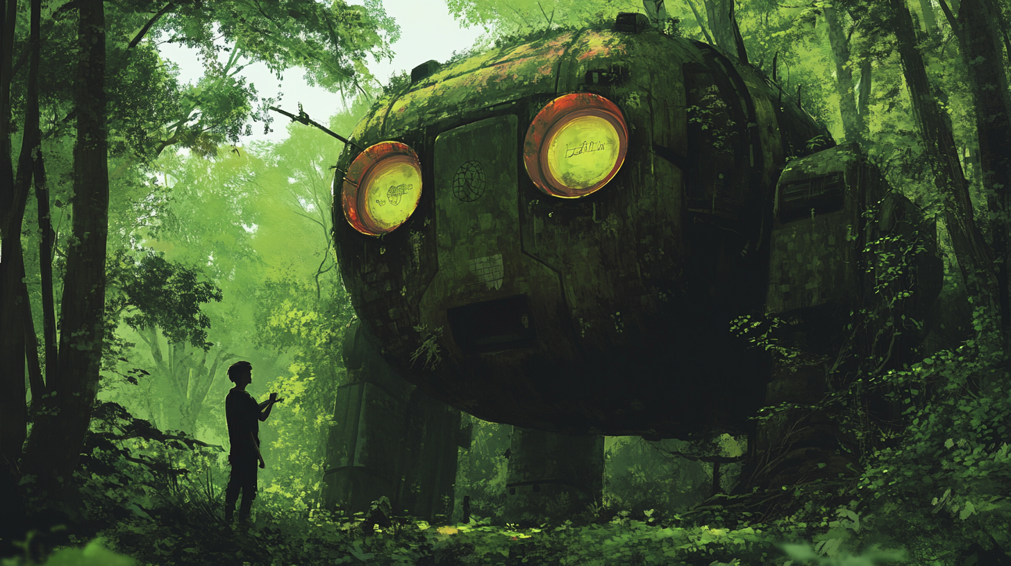 Young man discovers abandoned giant robot in forest.