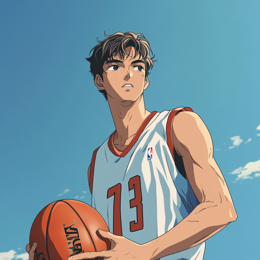 Young man in basketball jersey holding ball anime style.