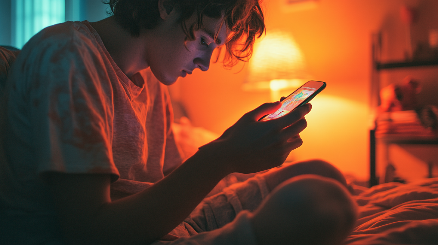 Young man in bedroom looking at phone screen closely.