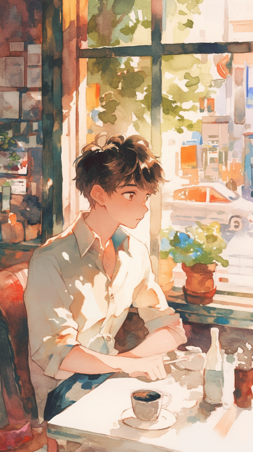 Young man in café, lost in thought, stirring coffee.