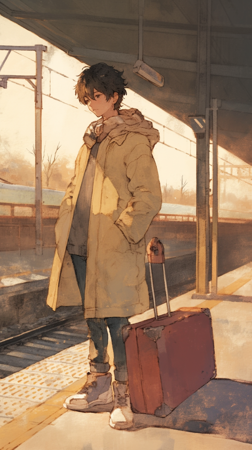 Young man in coat with suitcase at train station.