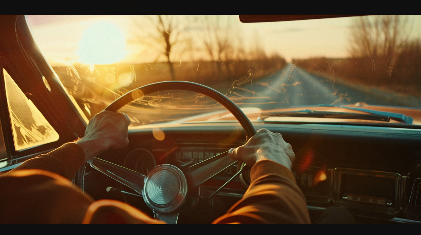 Young man in muscle car on sunset highway.