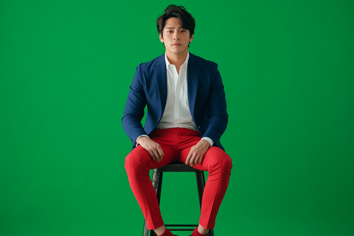 Young man in navy blazer on iron stool.