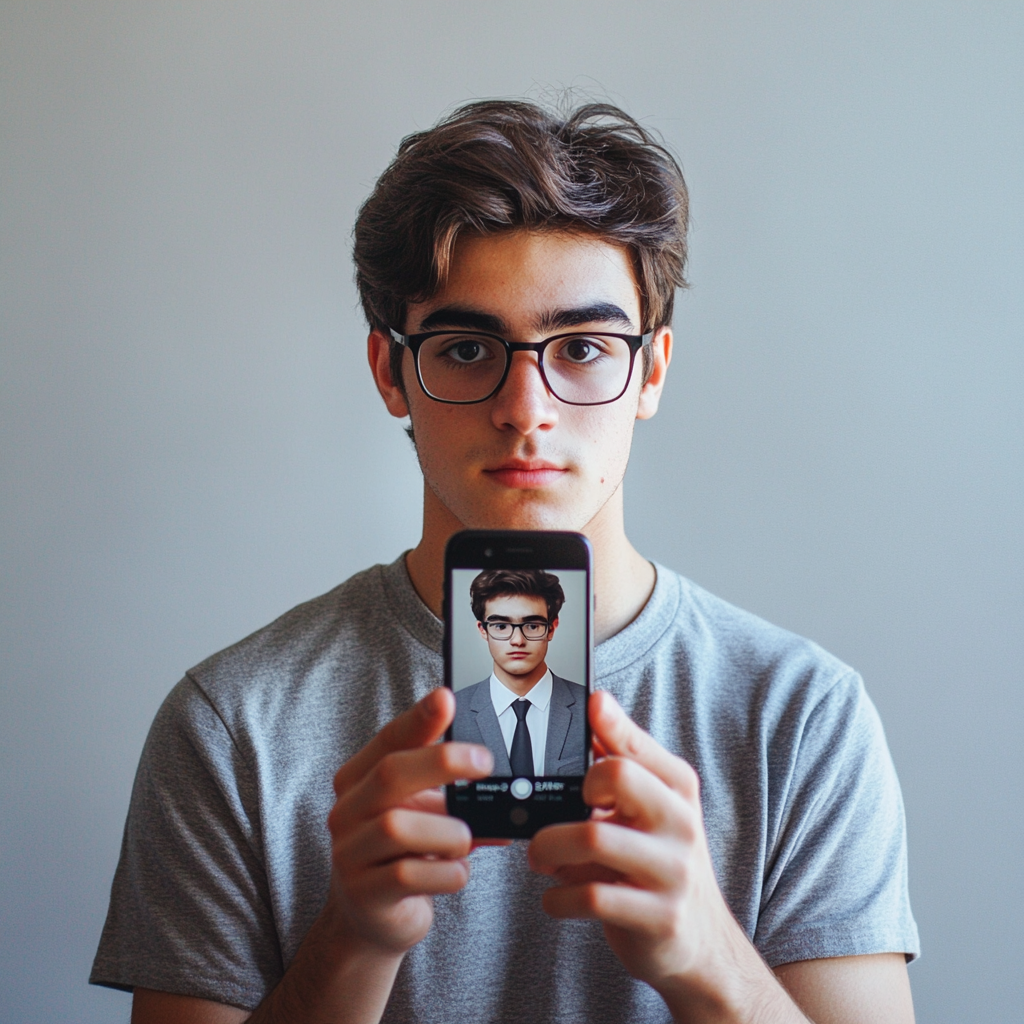 Young man in t-shirt, holding smartphone, seeing professional self.