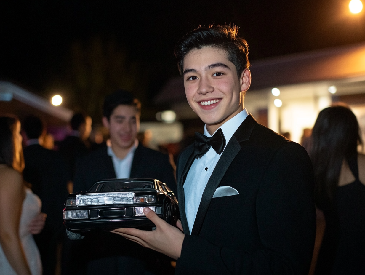 Young man in tuxedo holds hand-transport machine, smile.