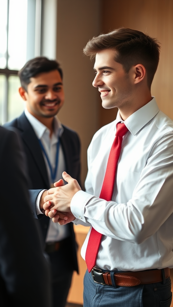 Young man in white shirt and red tie hired.