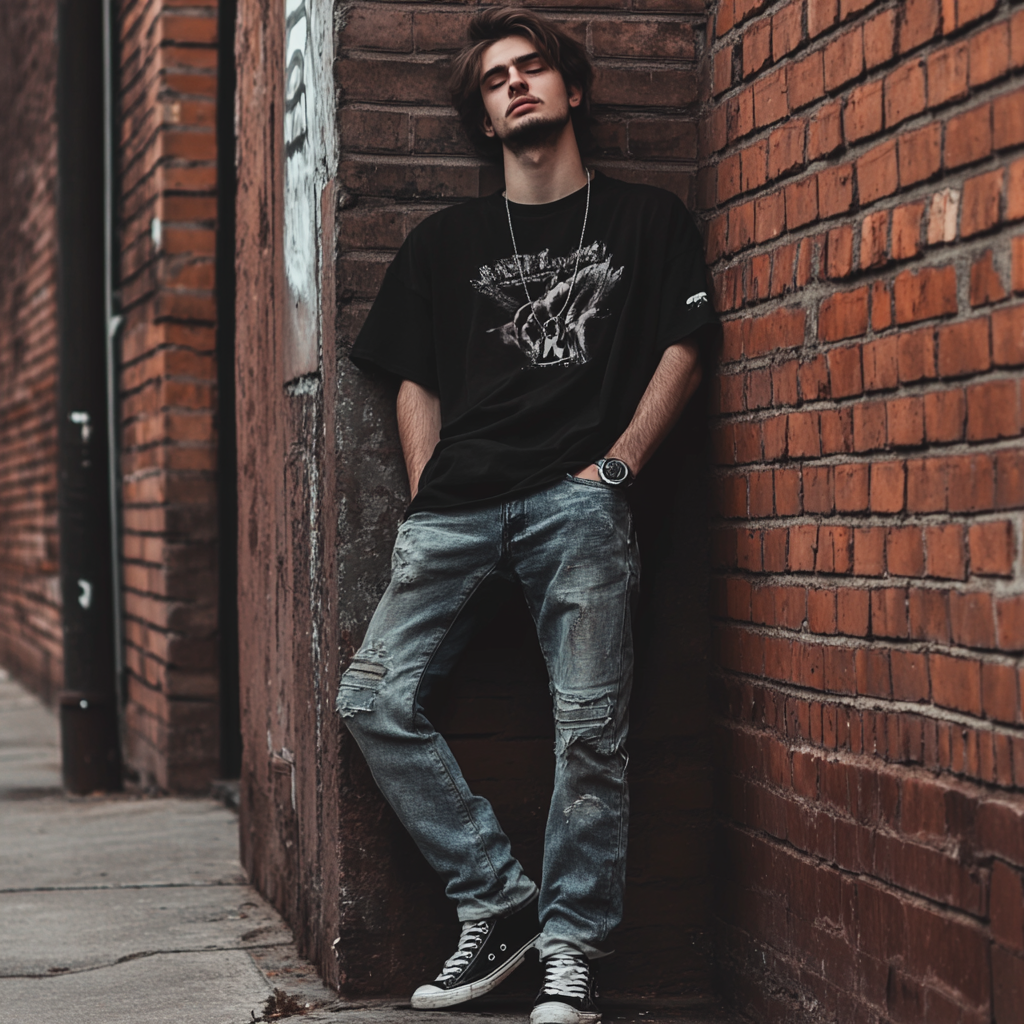 Young man in worn jeans and sneakers smokes cigarette.