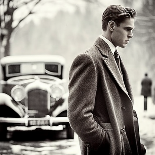 ALT Image Text: Elegant young man leaving past driving a vintage car