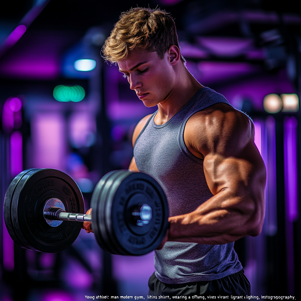 Young man lifting weights in modern gym, focused.