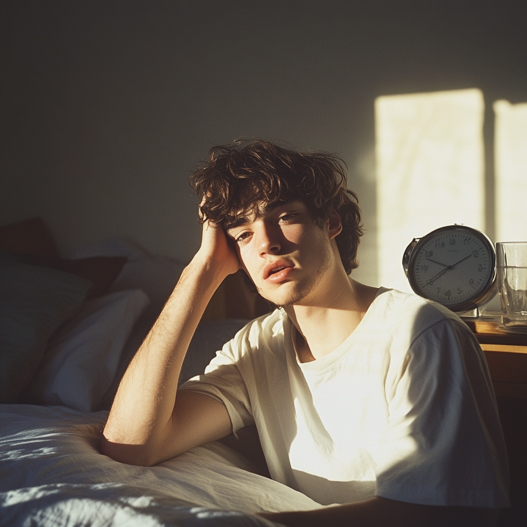 Young man looks tired, frustrated in dimly lit room.