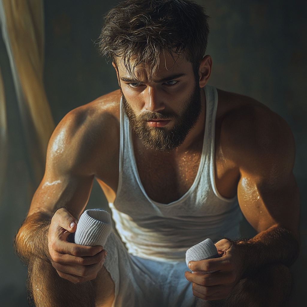 Young man putting on socks while watching and running.