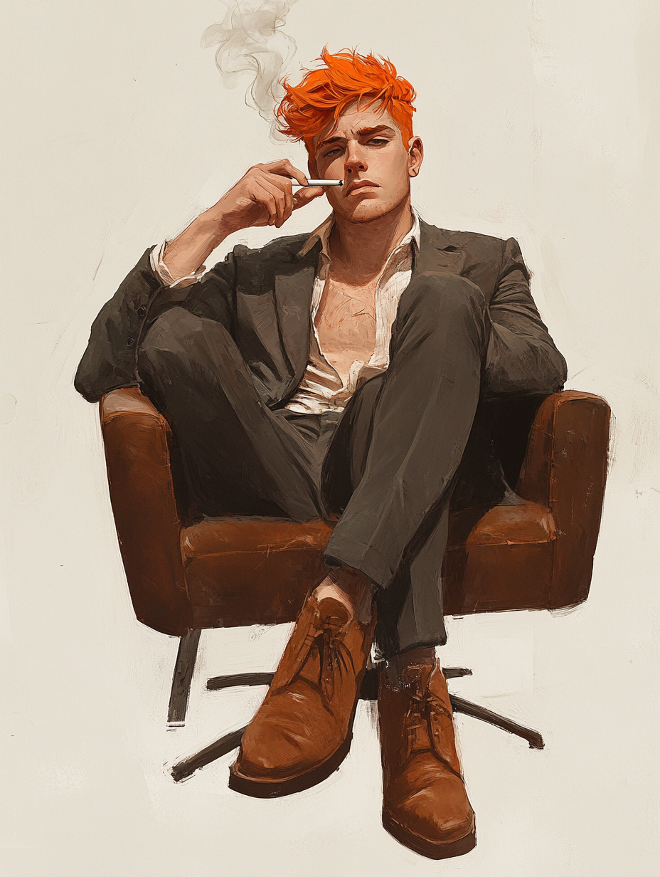 Young man sitting, smoking, has orange hair, rough appearance.