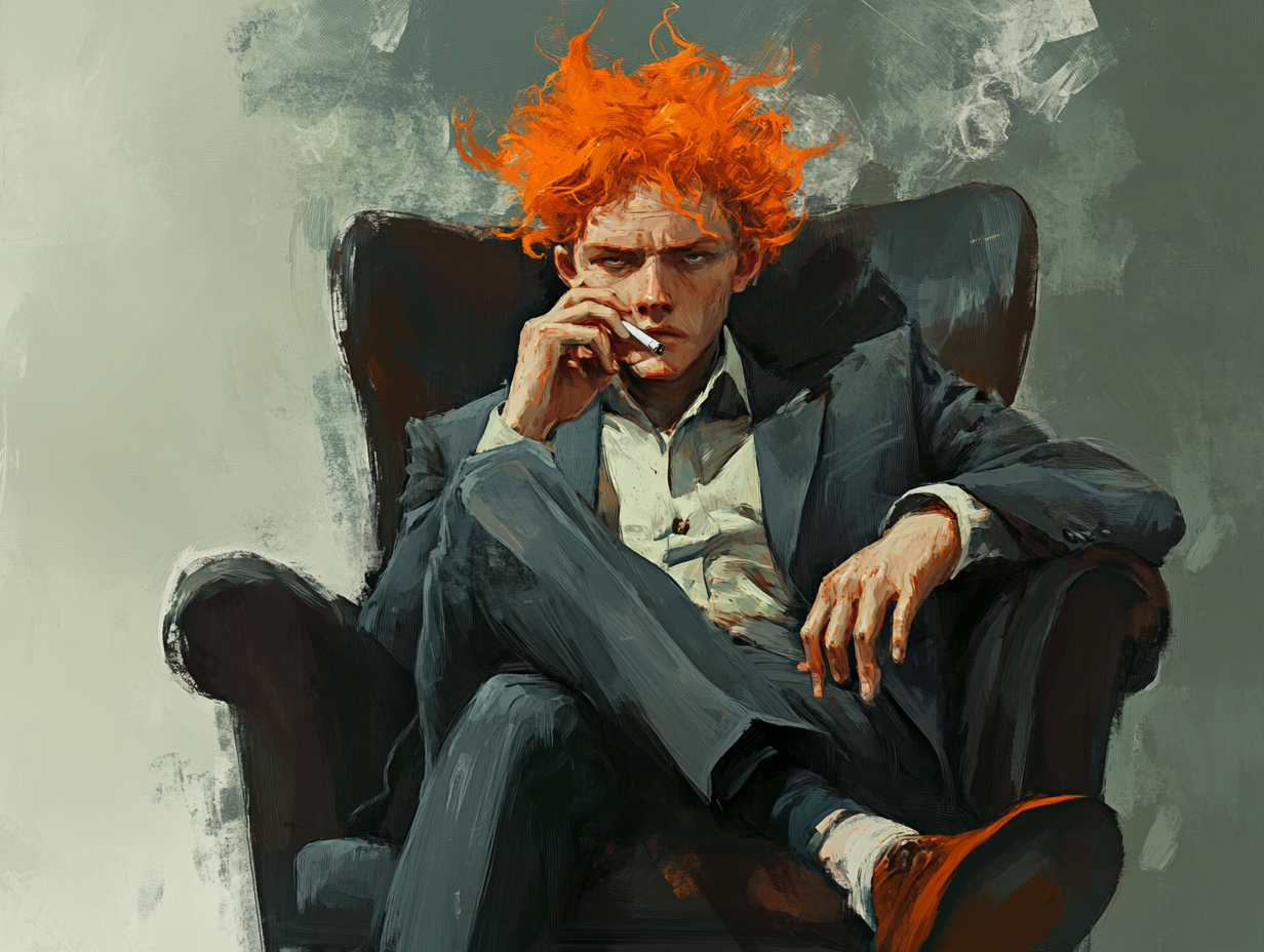 Young man sitting smoking cigarette, orange hair, rough appearance.