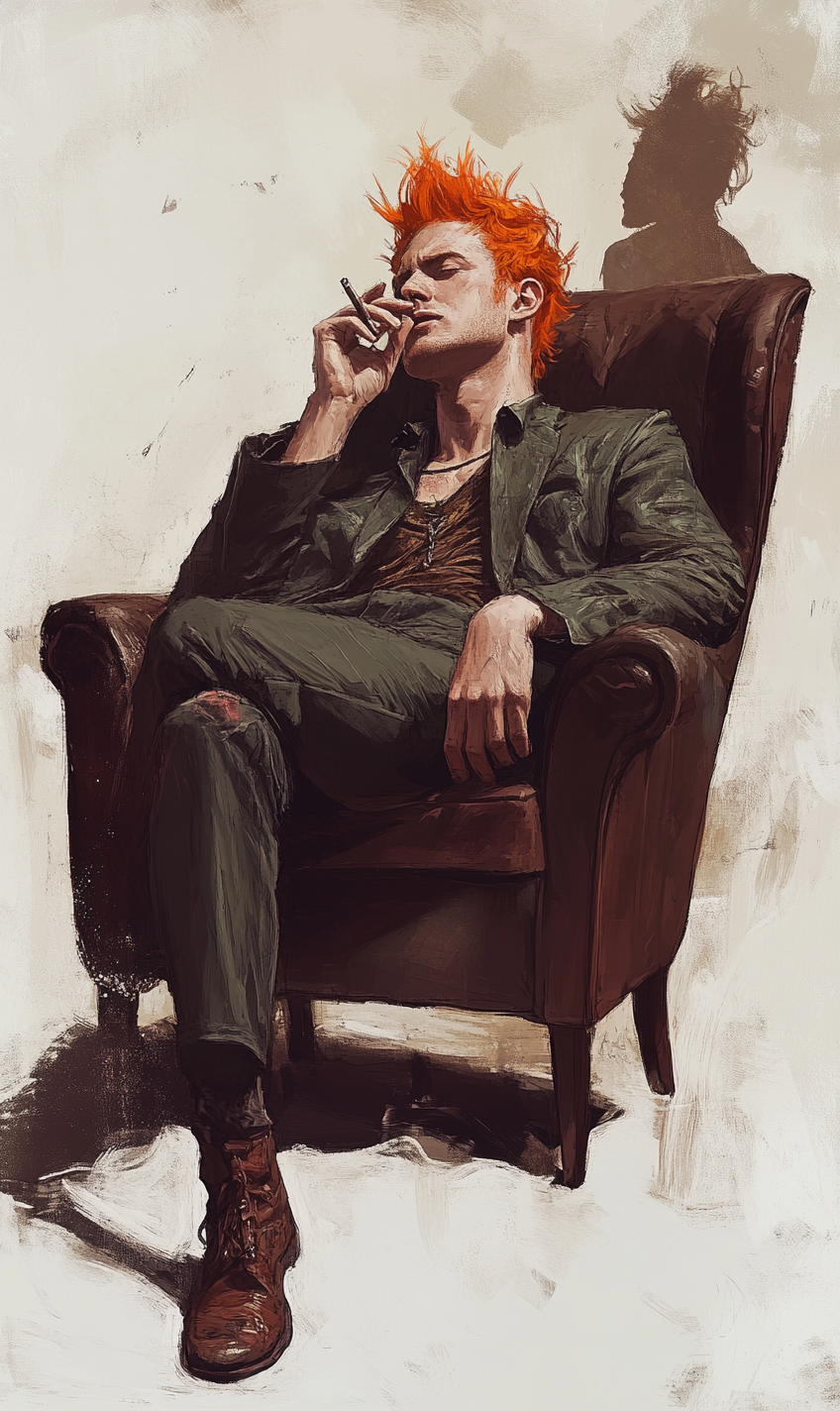 Young man with orange hair smoking, looking at friend.