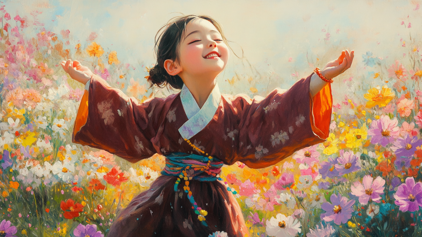 Young monk girl dances in flower field, eyes closed.