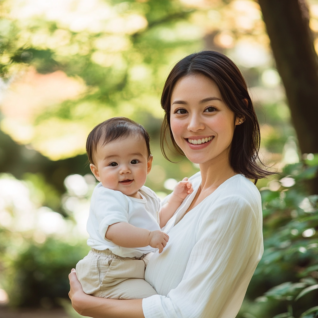 Young mother and baby smiling in park.