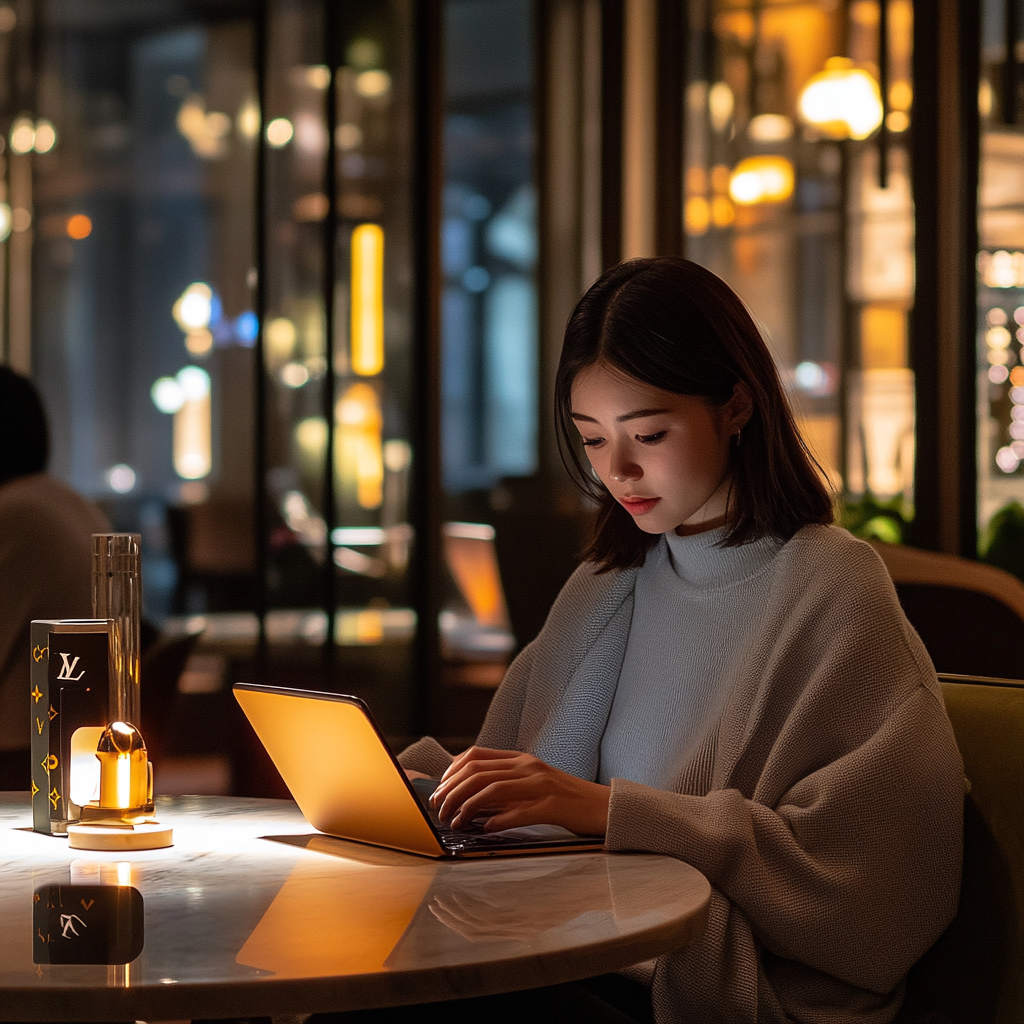 Young people confidently using high-end tech in stylish cafe.