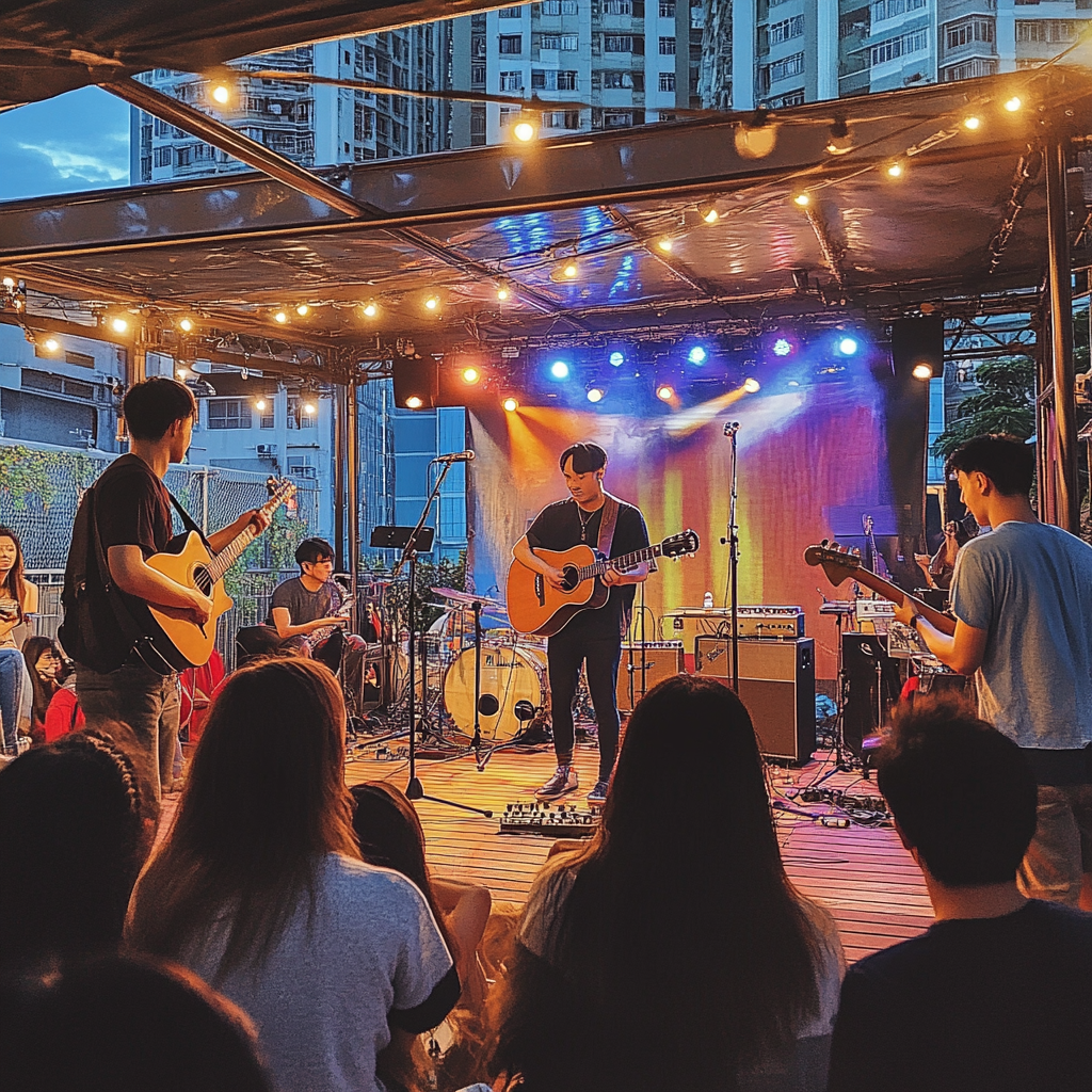 Young people enjoy live music on colorful stage.