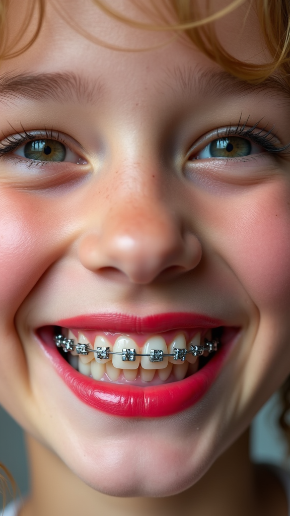 Young person smiling with braces, vivid makeup