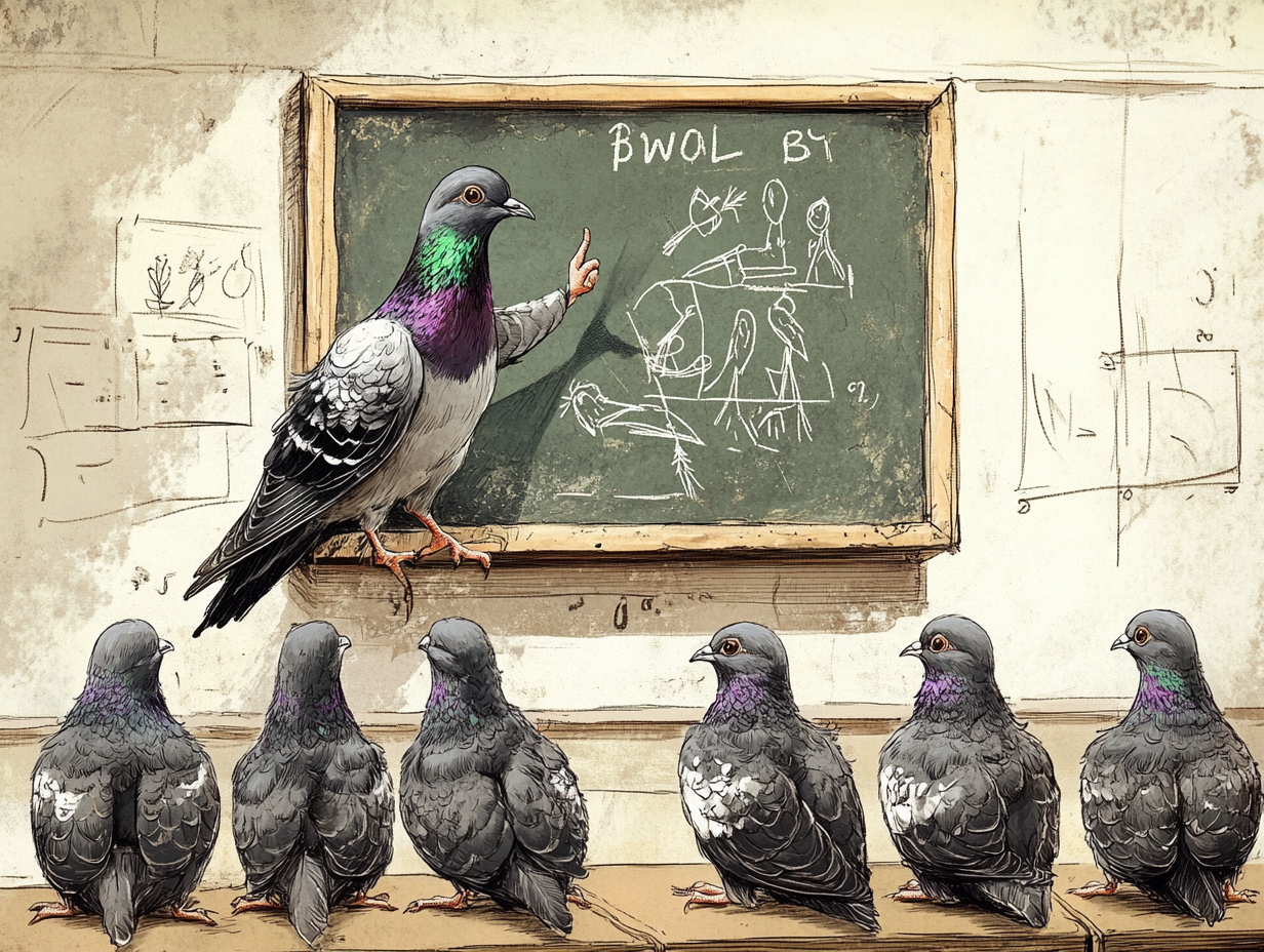 Young pigeons learn bird anatomy in classroom.