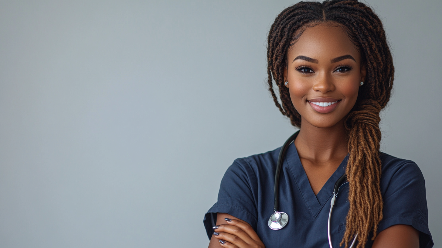 Young pretty doctor, American woman, smiling, clear background.