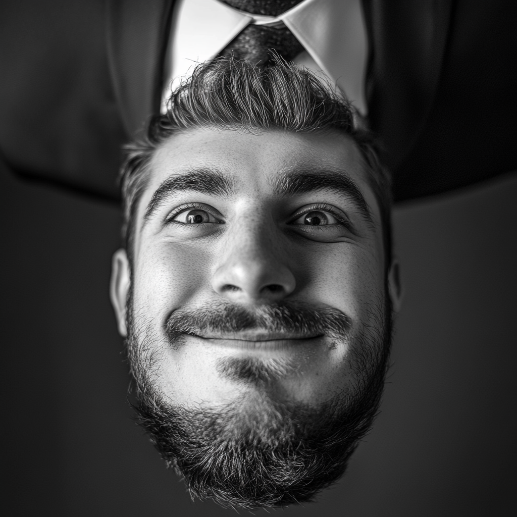 Young professional in business suit with upside-down face