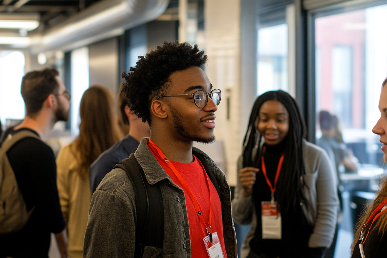 Young professionals networking at tech event