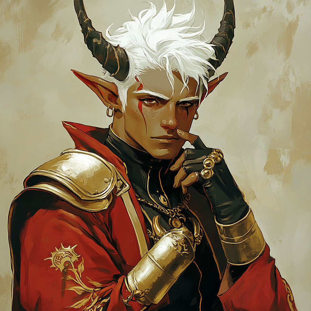 Young red tiefling warlock with gold plates, confident.