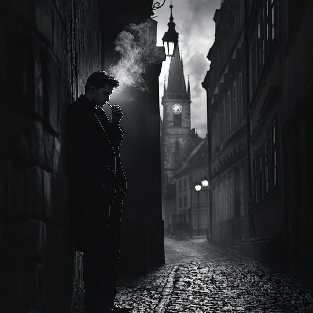 Young spy agent watching Prague street smokes cigarette.