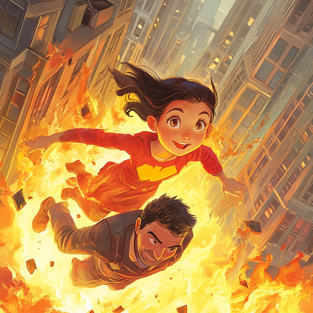 Young superhero girl rescues man from burning building