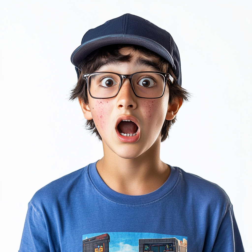 Young teen foreign exchange student nerd with braces and pimples shocked expression on white background