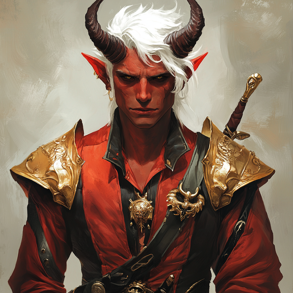 Young tiefling warlock with red skin and white hair.