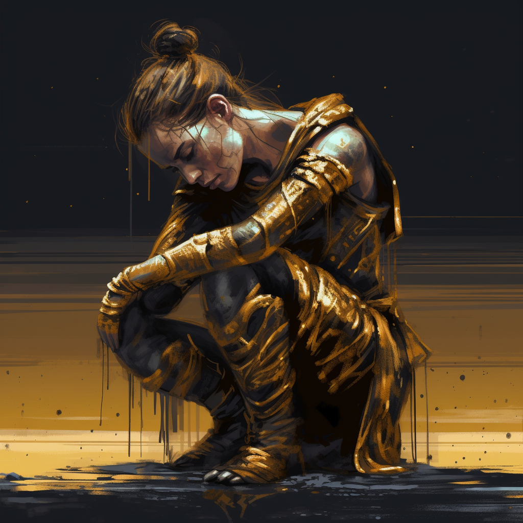 Young warrior woman kneels on lifeless, ashen ground.