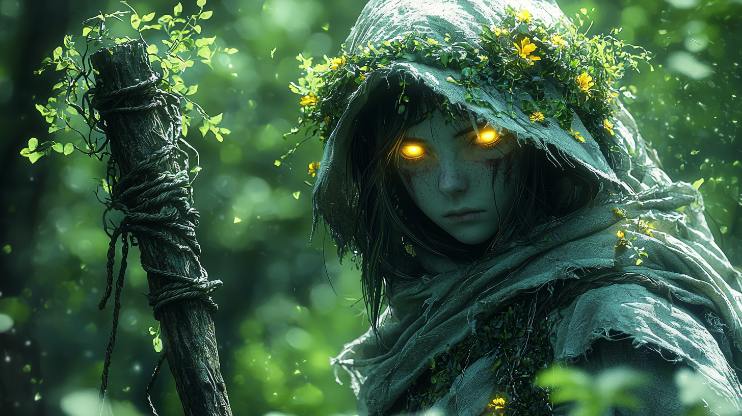 Young witch with glowing eyes in dark forest.