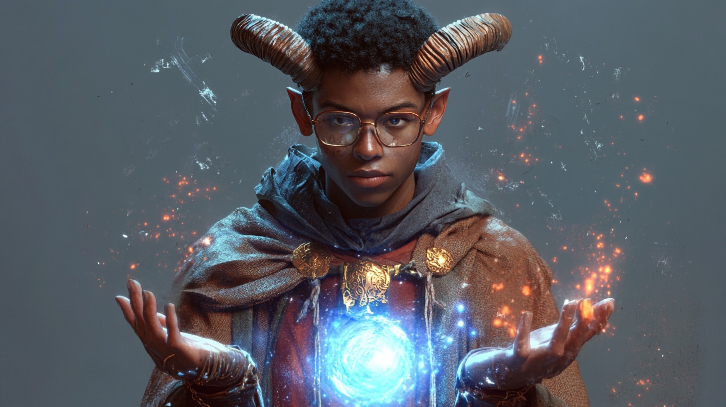 Young wizard tiefling with magic and glasses - A video game character inspired image