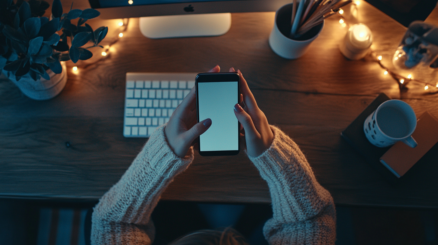 Young woman's hands holding phone in warm office.