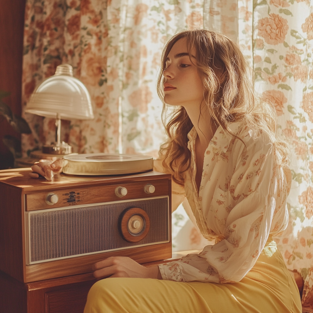 Young woman enjoys vintage radio in cozy room.