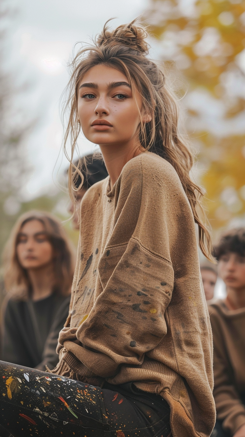 Young woman giving motivational talk outdoors, Gigi Hadid look-alike.