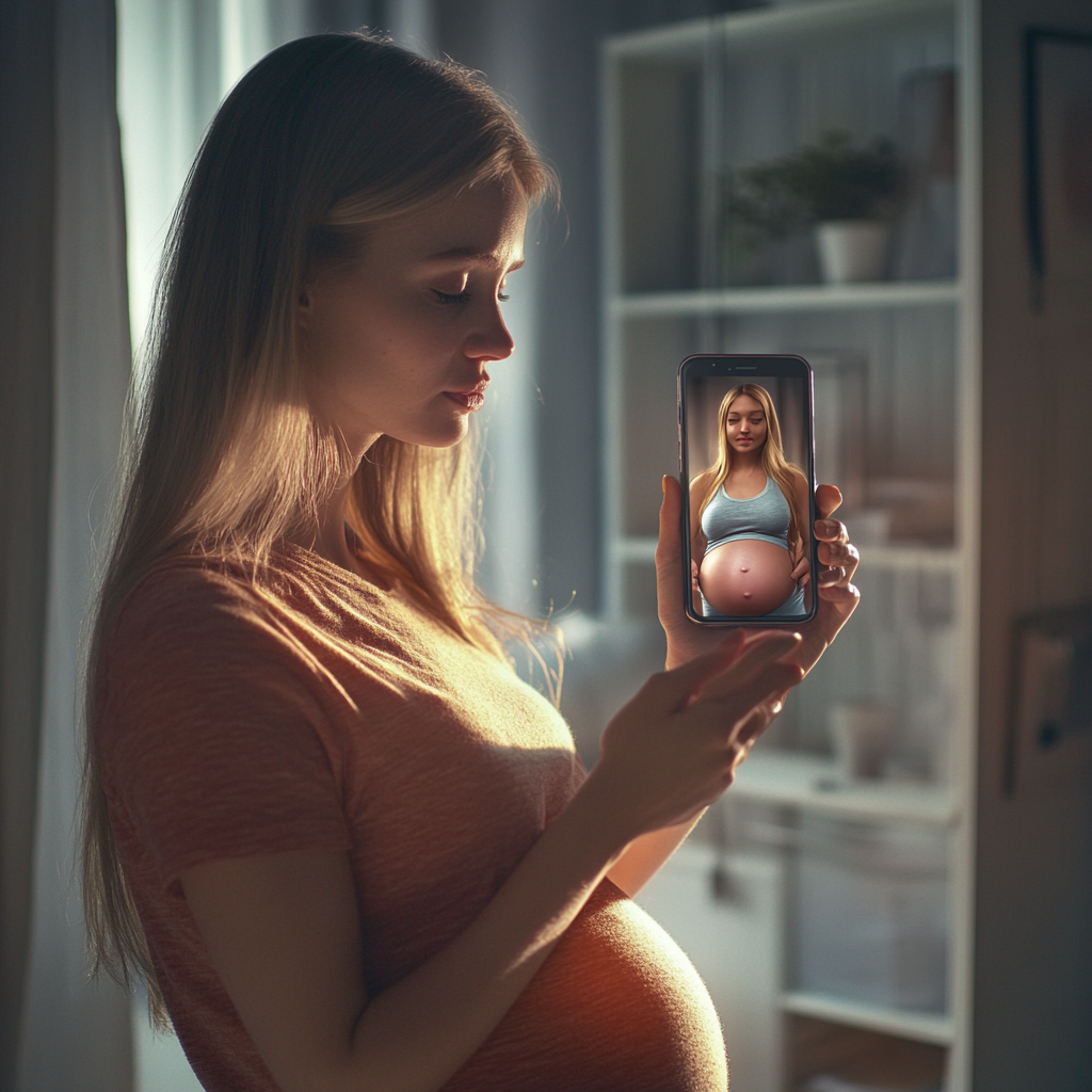 Young woman holding smartphone, sees herself pregnant on screen.