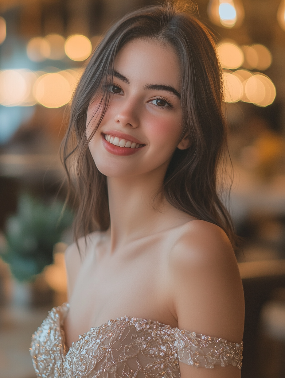 Young woman in elegant dress, smiling indoors, Fujifilm GFX 100S