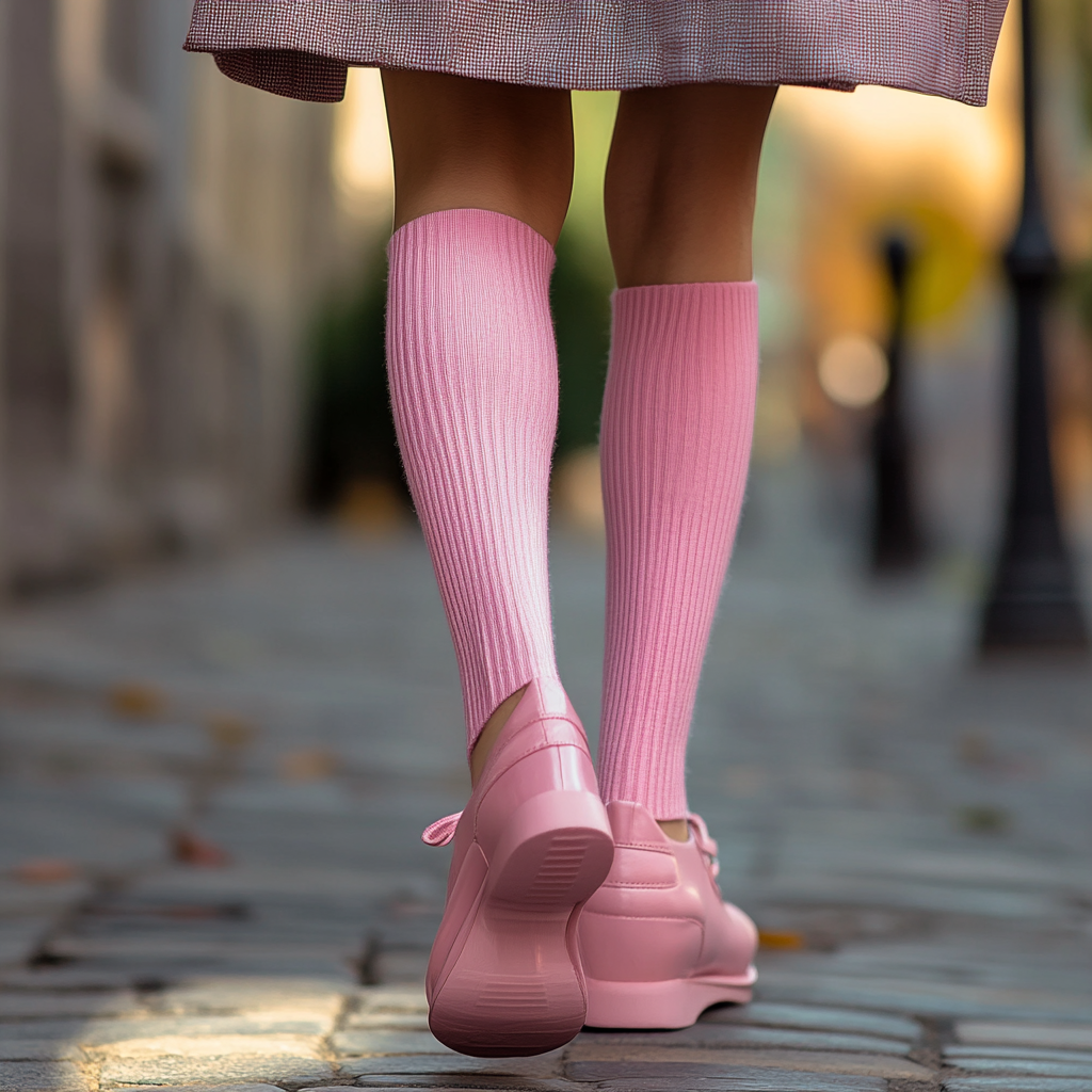 Young woman in fashionable pink woolen short socks.