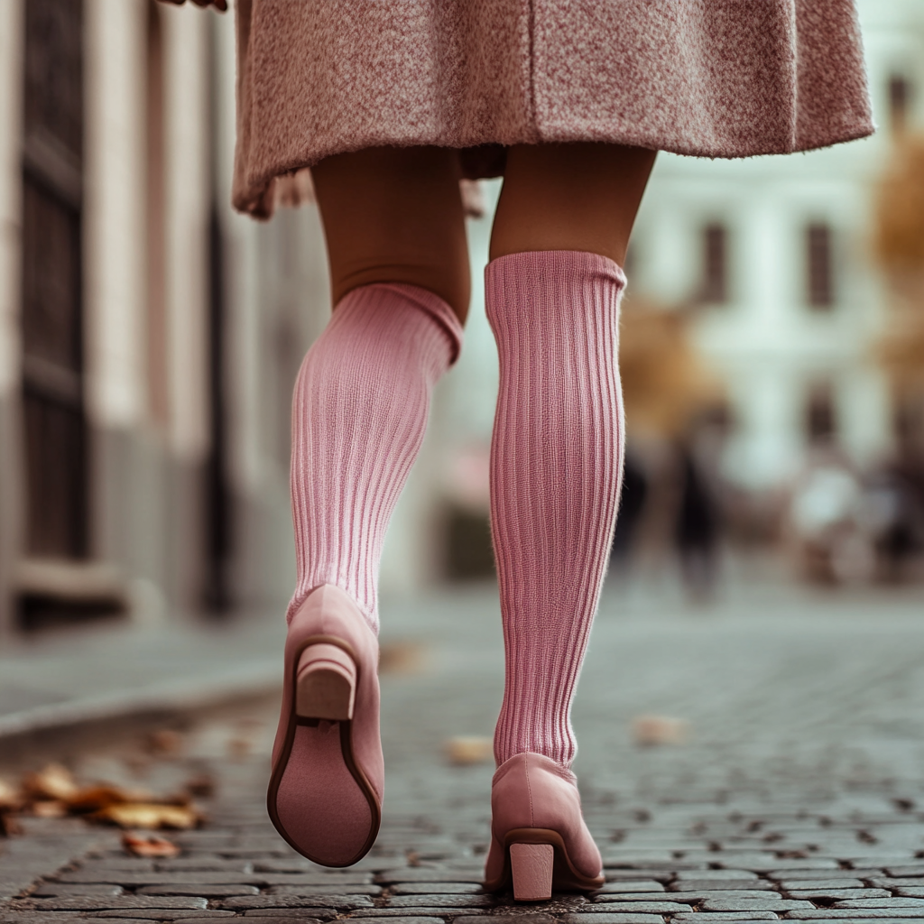 Young woman in pink woolen short socks and elegant shoes walking street