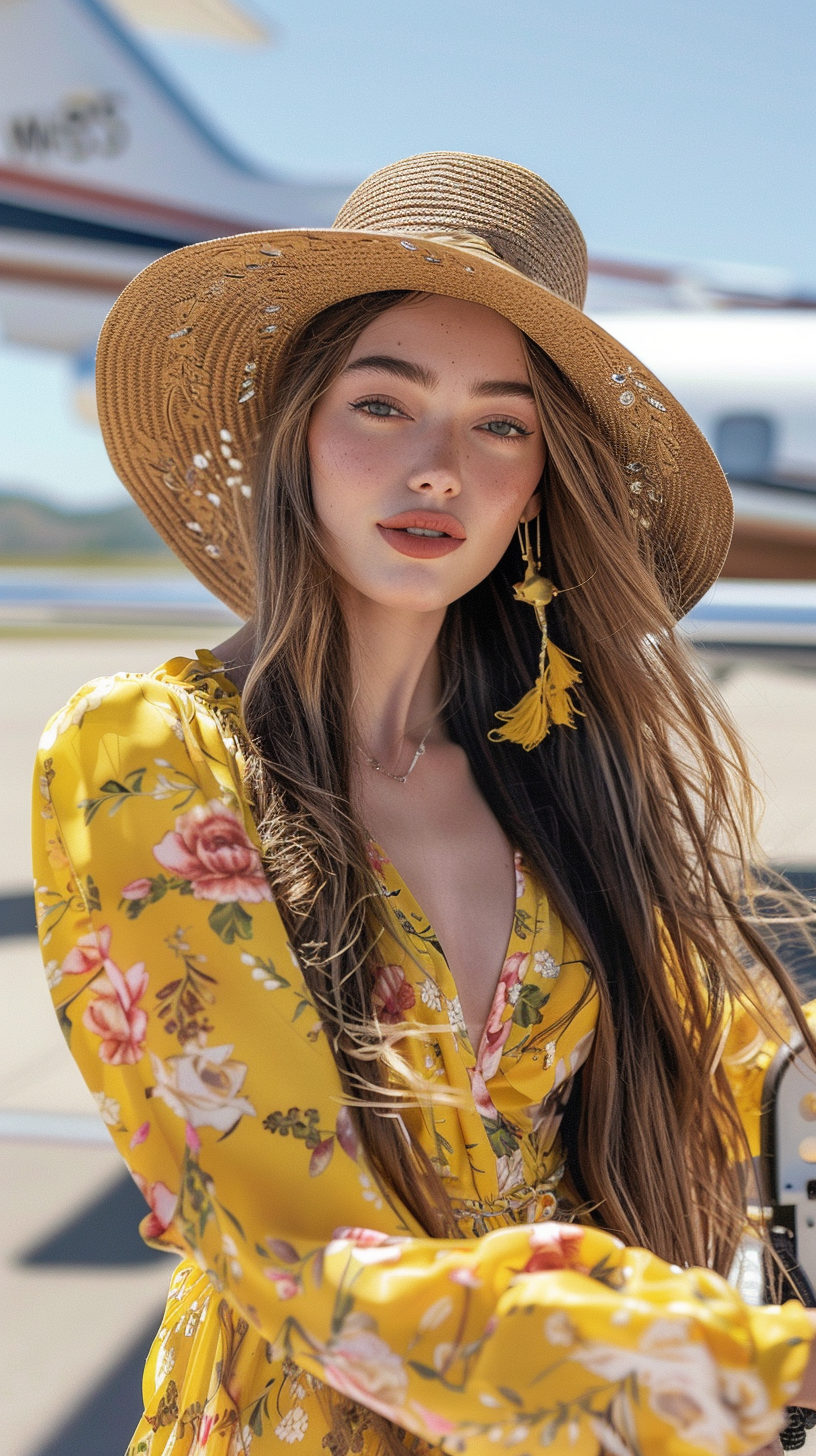 Young woman in yellow dress and travel hat boarding plane.