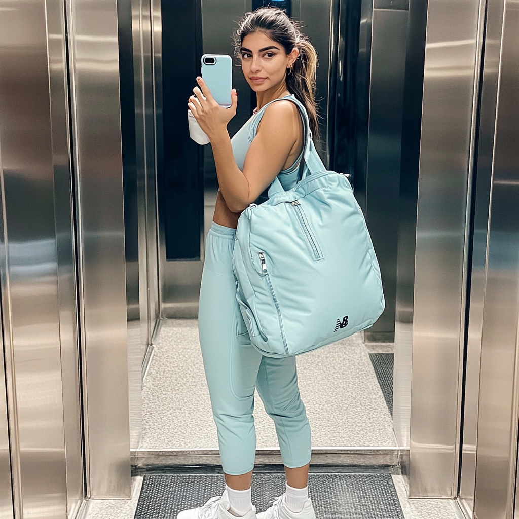 Young woman in yoga gear takes elevator selfie.