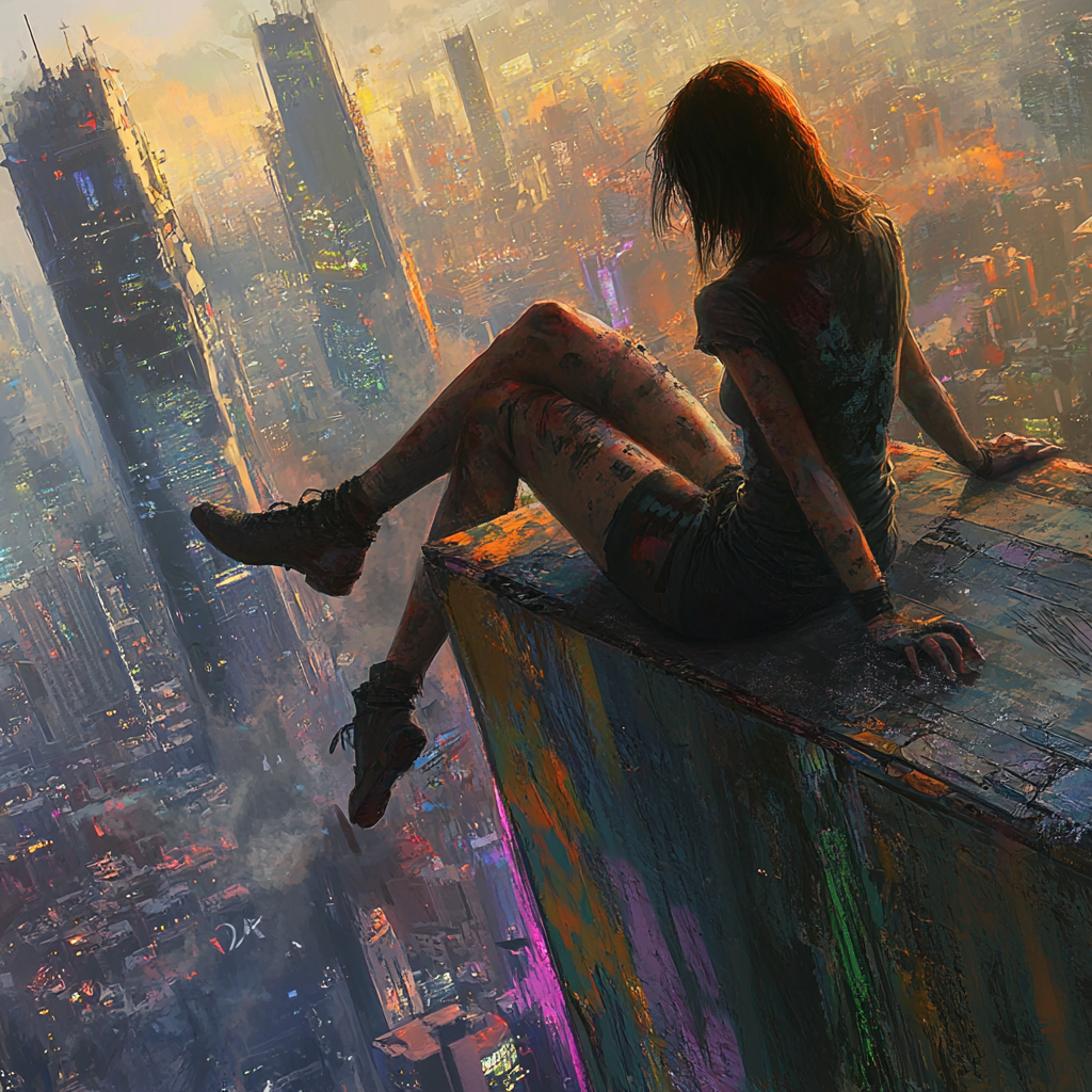 Young woman on broken skyscraper, post-apocalyptic city view.