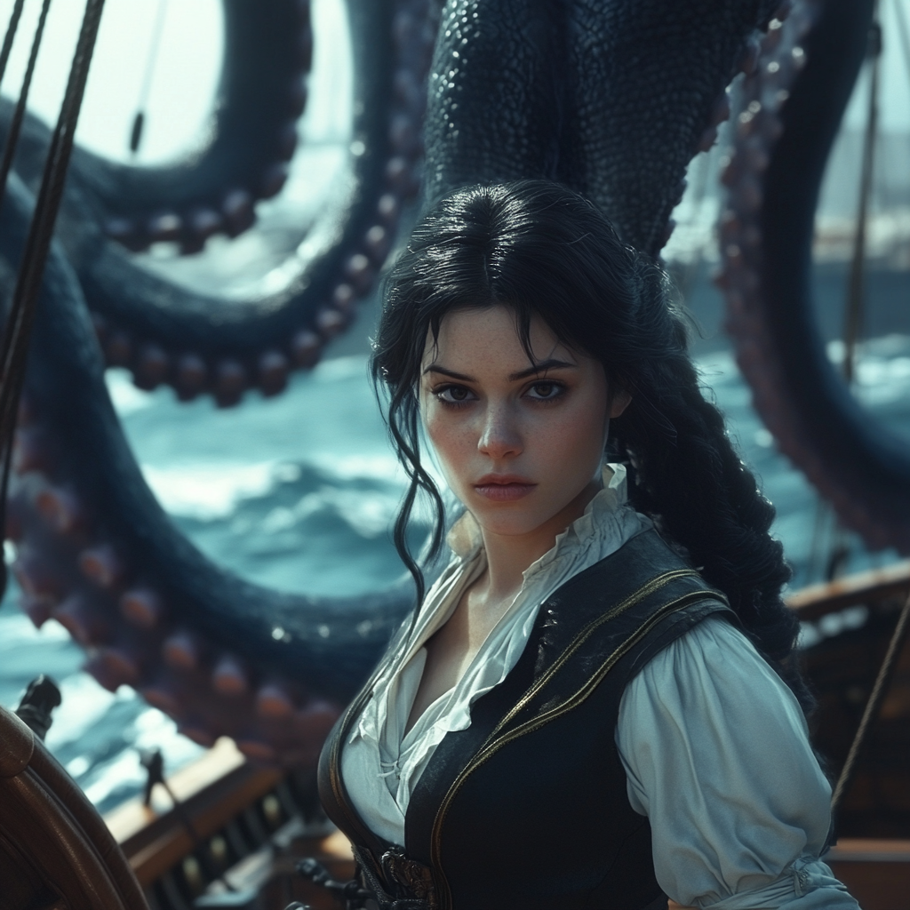 Young woman on ship deck with giant tentacle.