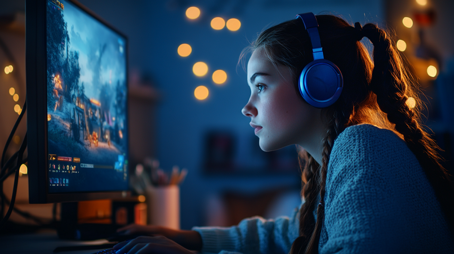 Young woman playing Apex Legends on PC at night.